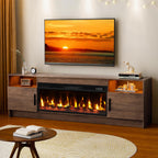 Kucreiheat Fireplace TV Stand for 65-80 inch TV, Large Entertainment Center with Fireplace & LED Lights,High Gloss Living Room Storage Cabinet,Walnut, 70''(Log)