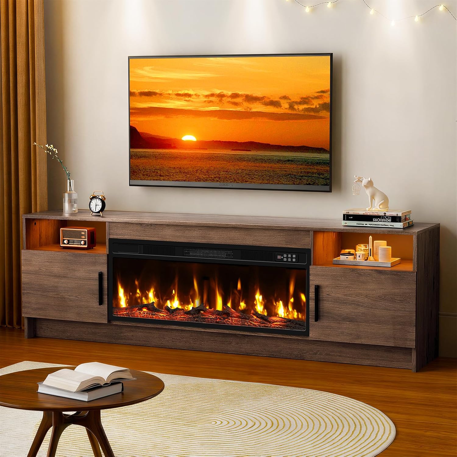 Kucreiheat Fireplace TV Stand for 65-80 inch TV, Large Entertainment Center with Fireplace & LED Lights,High Gloss Living Room Storage Cabinet,Walnut, 70''(Log)