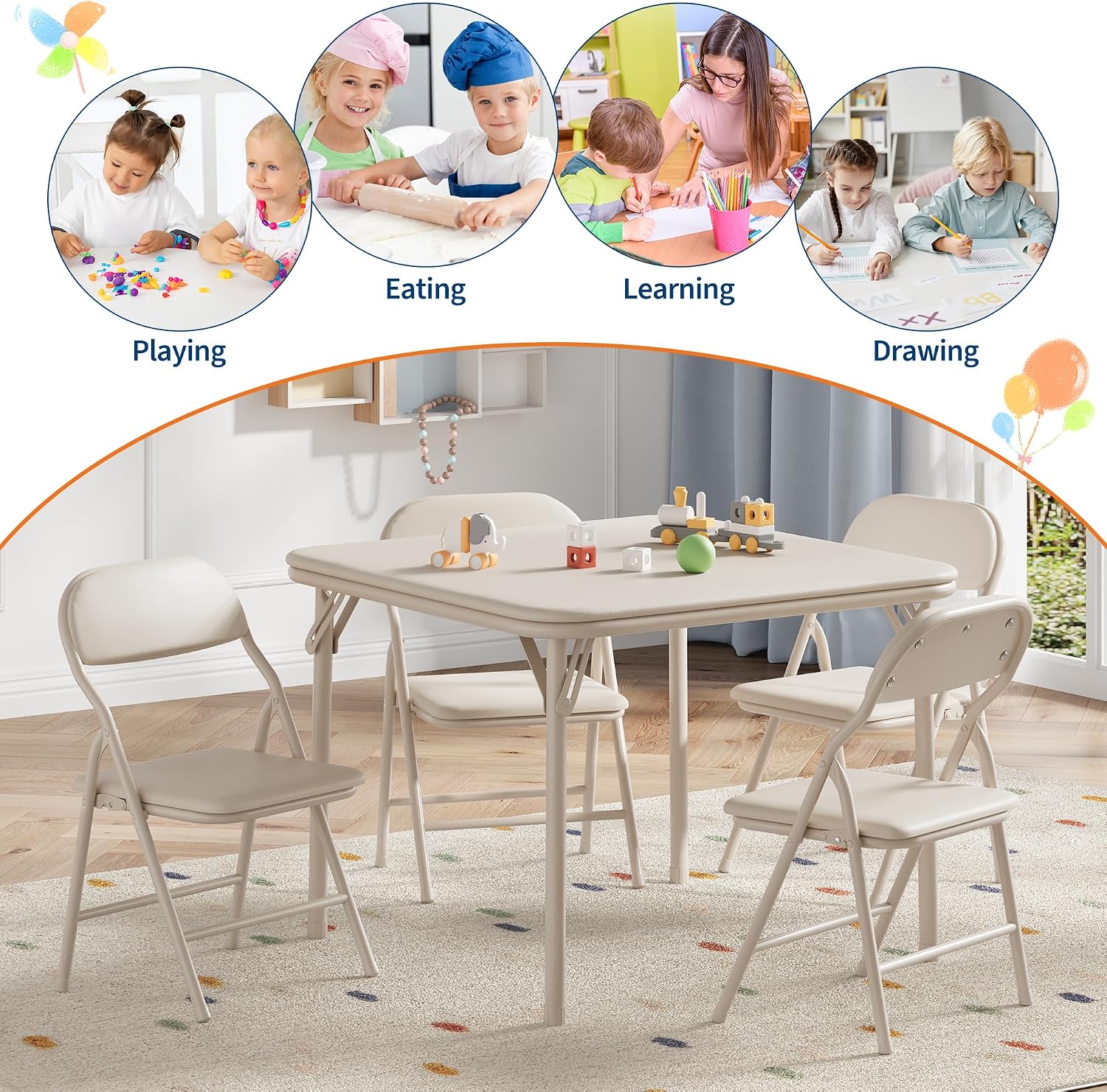 GAOMON 3 Piece Set Folding Table and Chairs Set, Boys and Girls Activity Table and Chairs Set for Dining Room,Daycare,Classrooms