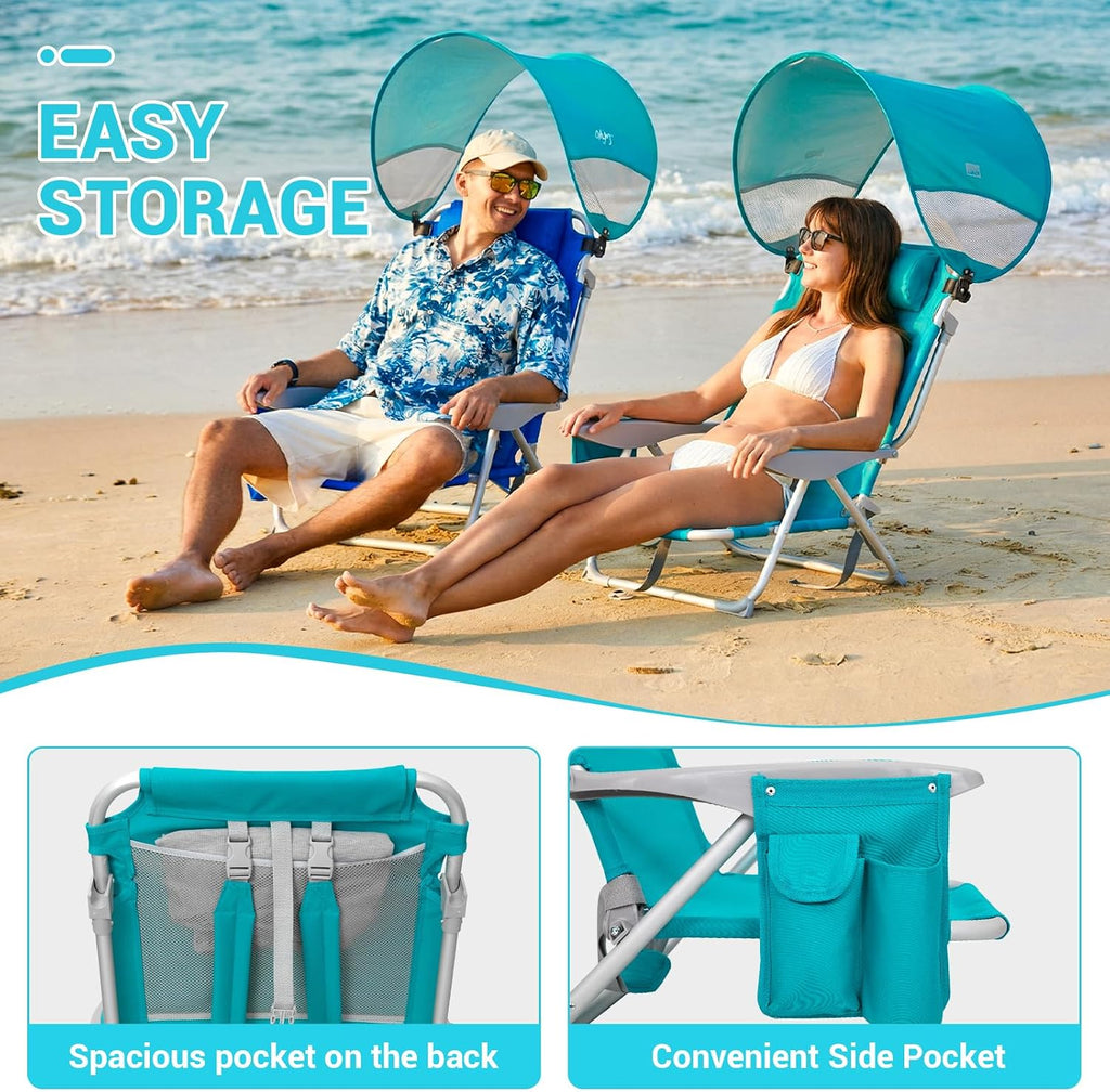 #WEJOY Beach Chair with Canopy Shade, Reclining Adjustable 4 Position, Lay Flat Lightweight Folding Portable Aluminum Chair with Backpack Straps,Padded headrest, Heavy Duty 400lbs Lawn Chair for Beach