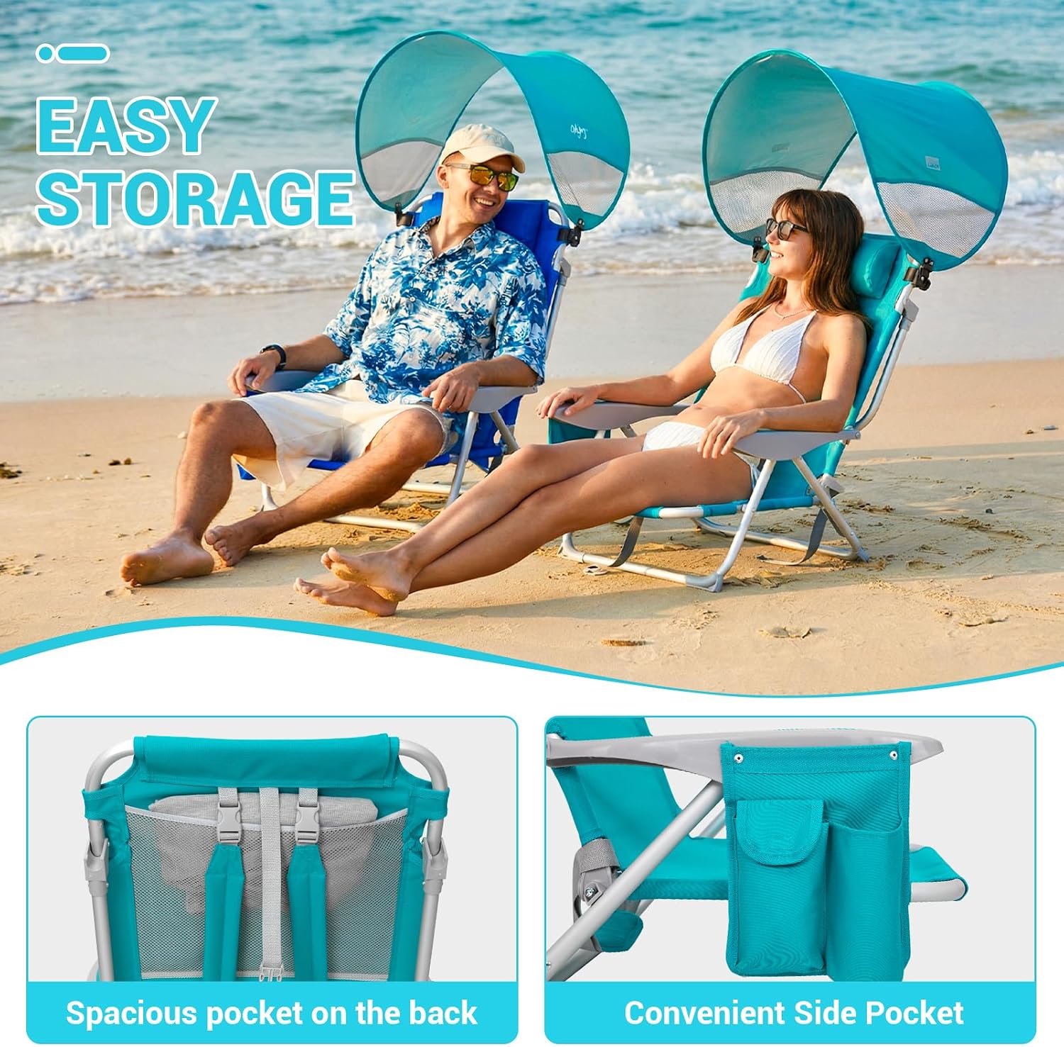 #WEJOY Beach Chair with Canopy Shade, Reclining Adjustable 4 Position, Lay Flat Lightweight Folding Portable Aluminum Chair with Backpack Straps,Padded headrest, Heavy Duty 400lbs Lawn Chair for Beach