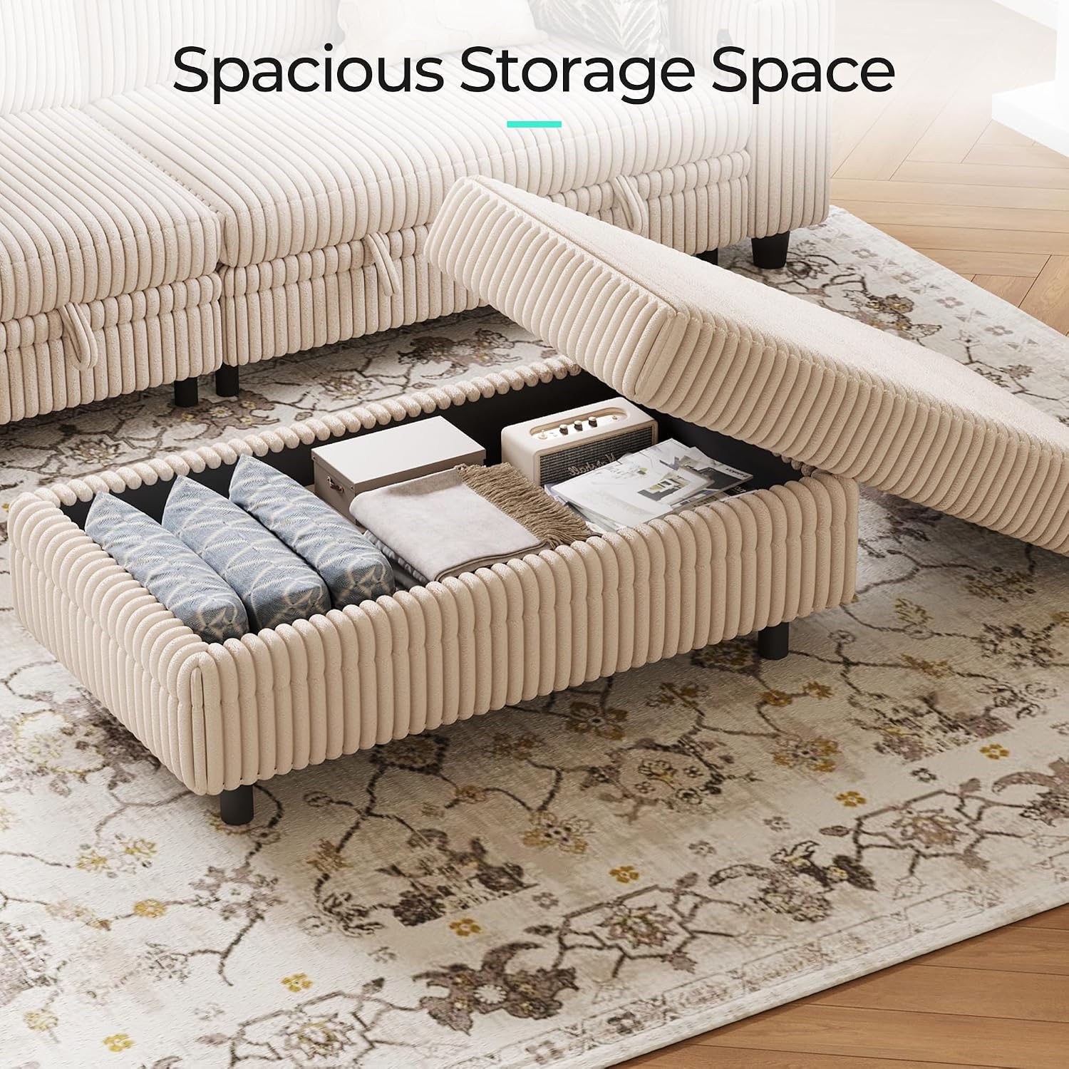 LINSY HOME Storage Ottoman Bench, 40" Convertible Coffee Table Plush Corduroy Foot Rest Ottoman for Living Room, Bedroom, Guest Room, Entryway, Beige