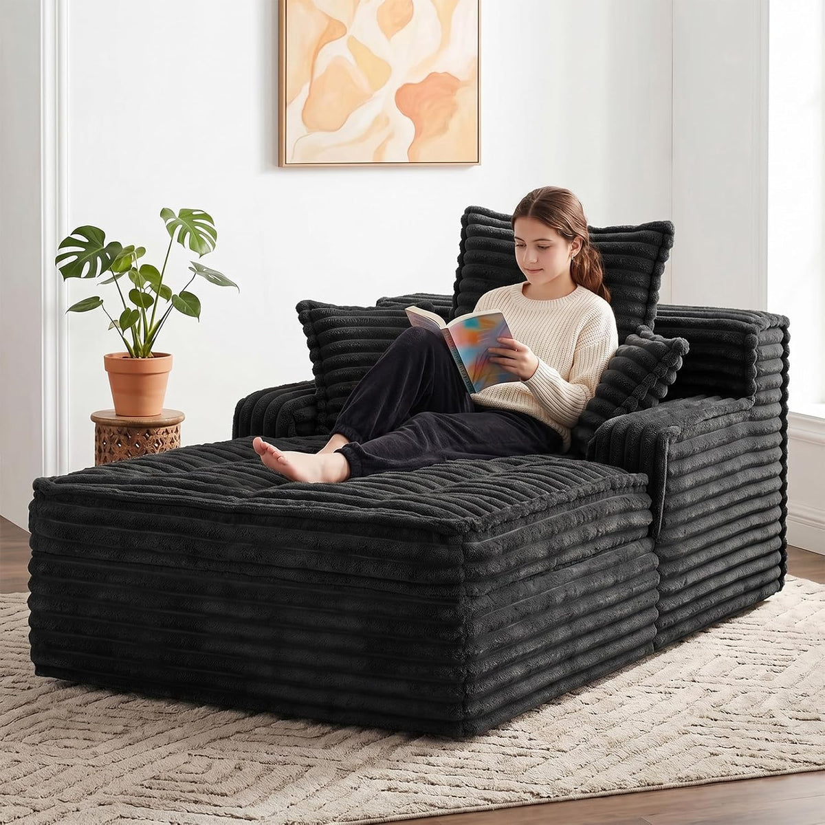 Chaise Lounge Couch Indoor, Small Corduroy Upholstered Sleeper Sofa Bed Reading Chairs with 3 Pillows, Fluffy Comfy Cloud Sofas Couches, Compression Sofa for Small Corner