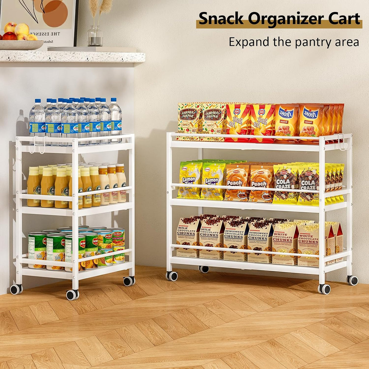 3-Tier Expandable Rolling Pantry Organizers and Storage Cart with Wheels, Adjustable Pantry Floor Organizer, Snack Cart for Pantry, Kitchen Storage Cart with 4 Hooks for Snack, Food, Vegetables, White