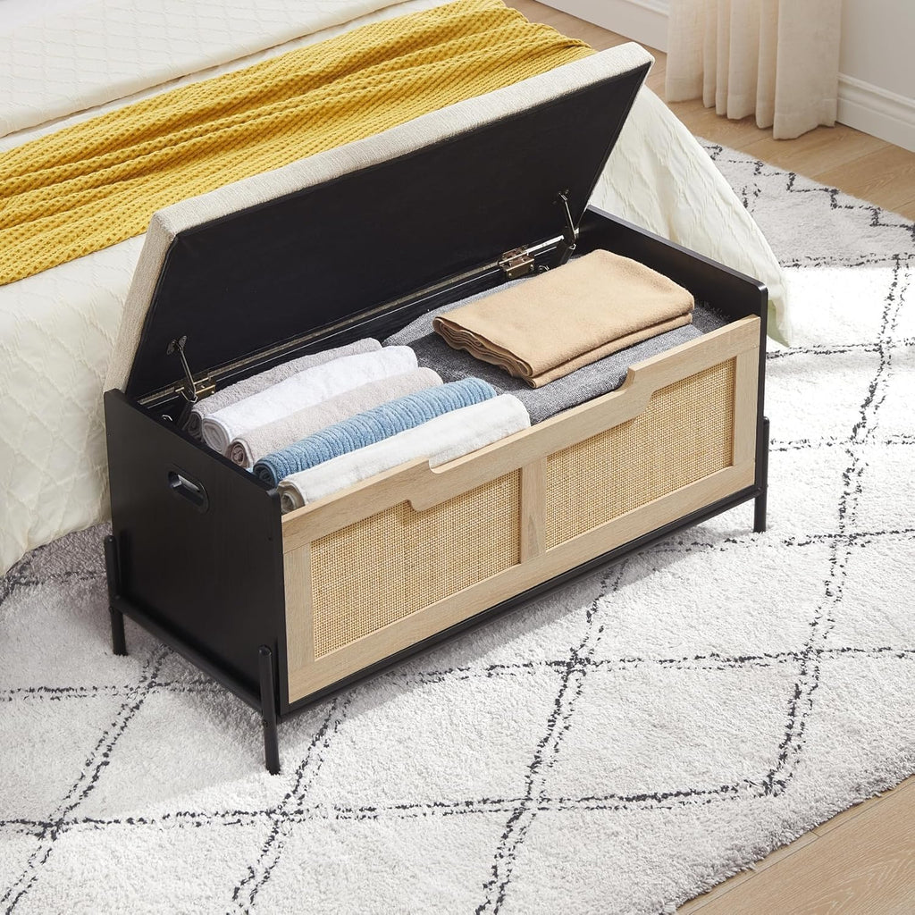 IDEALHOUSE Wooden Storage Chest with Seat Cushion, Storage Chest with 2 Safety Hinges, Entryway Bench for Organizer, Supports 260 Lb, Bedroom, Living Room