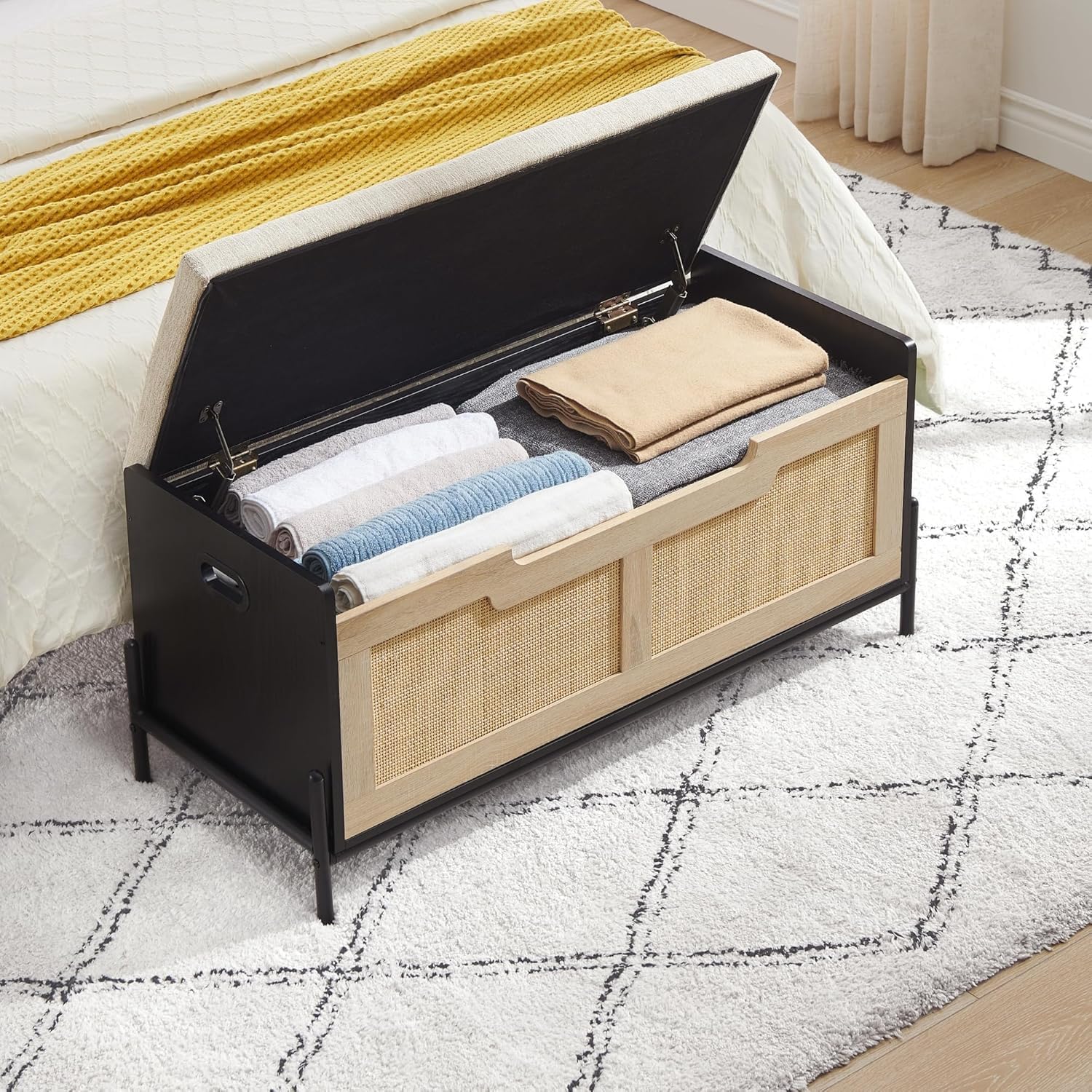 IDEALHOUSE Wooden Storage Chest with Seat Cushion, Storage Chest with 2 Safety Hinges, Entryway Bench for Organizer, Supports 260 Lb, Bedroom, Living Room