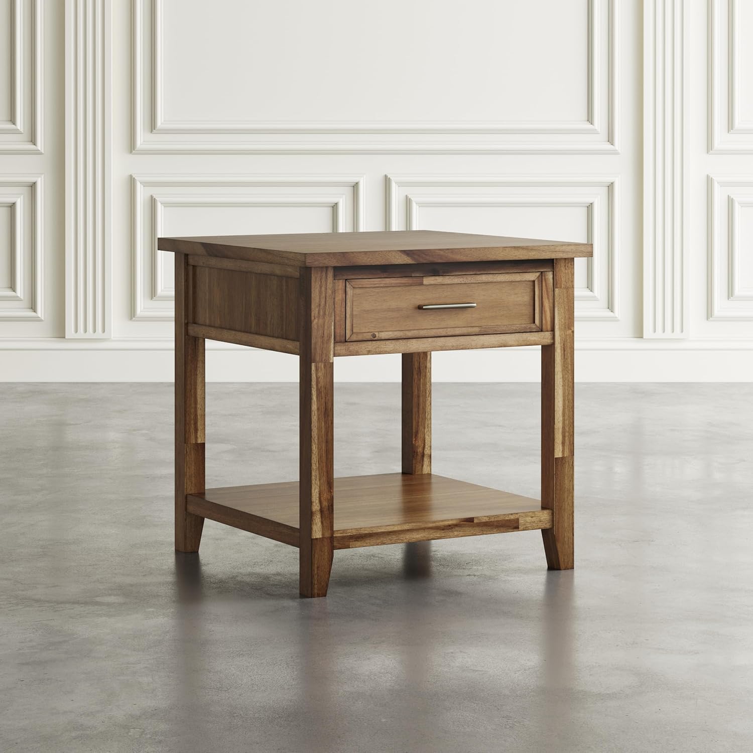 Jofran Acacia Wood Square End Table with Storage, Transitional Rustic Side Table for Living Room Bedroom, Accent Table, Wire Brush Brown