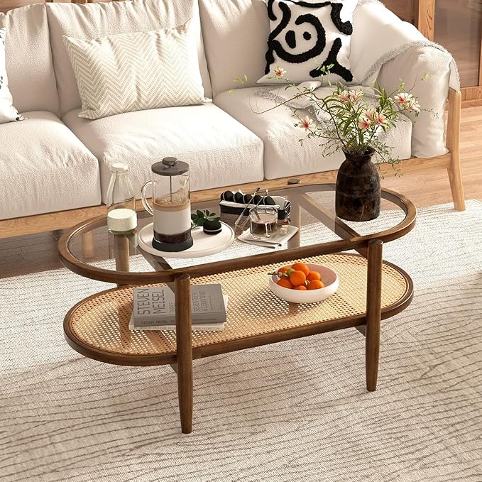 MAT EXPERT Rattan Coffee Table, 2 Tier Boho Oval Living Room Table w/Glass Tabletop Wood Frame & Storage Shelf, 40’’L Mid Century Modern Tea Table, Center Table for Living Room Home Office, Brown