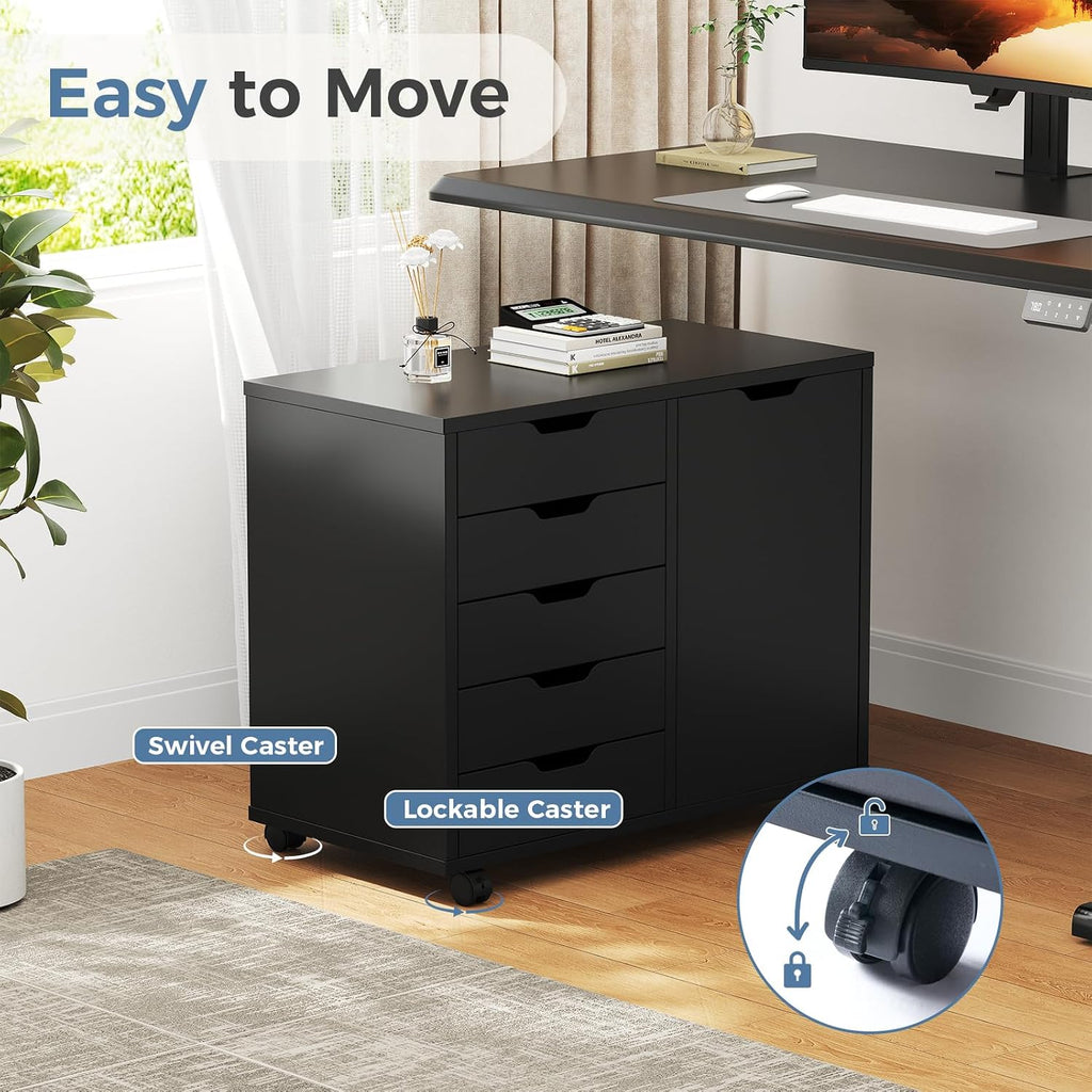 DUMOS 5-Drawer Mobile File Cabinet, Wooden Printer Stand with Storage | Under Desk Cabinets with Adjustable Shelf & Wheels for Home Office Organizer Storage Craft Room, Black