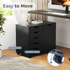 DUMOS 5-Drawer Mobile File Cabinet, Wooden Printer Stand with Storage | Under Desk Cabinets with Adjustable Shelf & Wheels for Home Office Organizer Storage Craft Room, Black