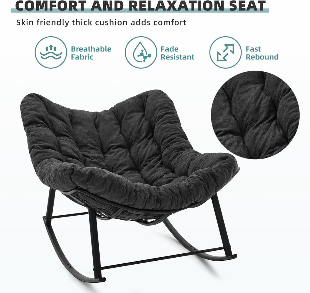 Oversized Rocking Chair Indoor, Papasan Rocking Chair Outdoor, Lounge Chair with Cushion, Patio Egg Rocker Chairs, Comfy Reading Chairs for Bedroom, Living Room, Garden, Lawn, Dark Grey
