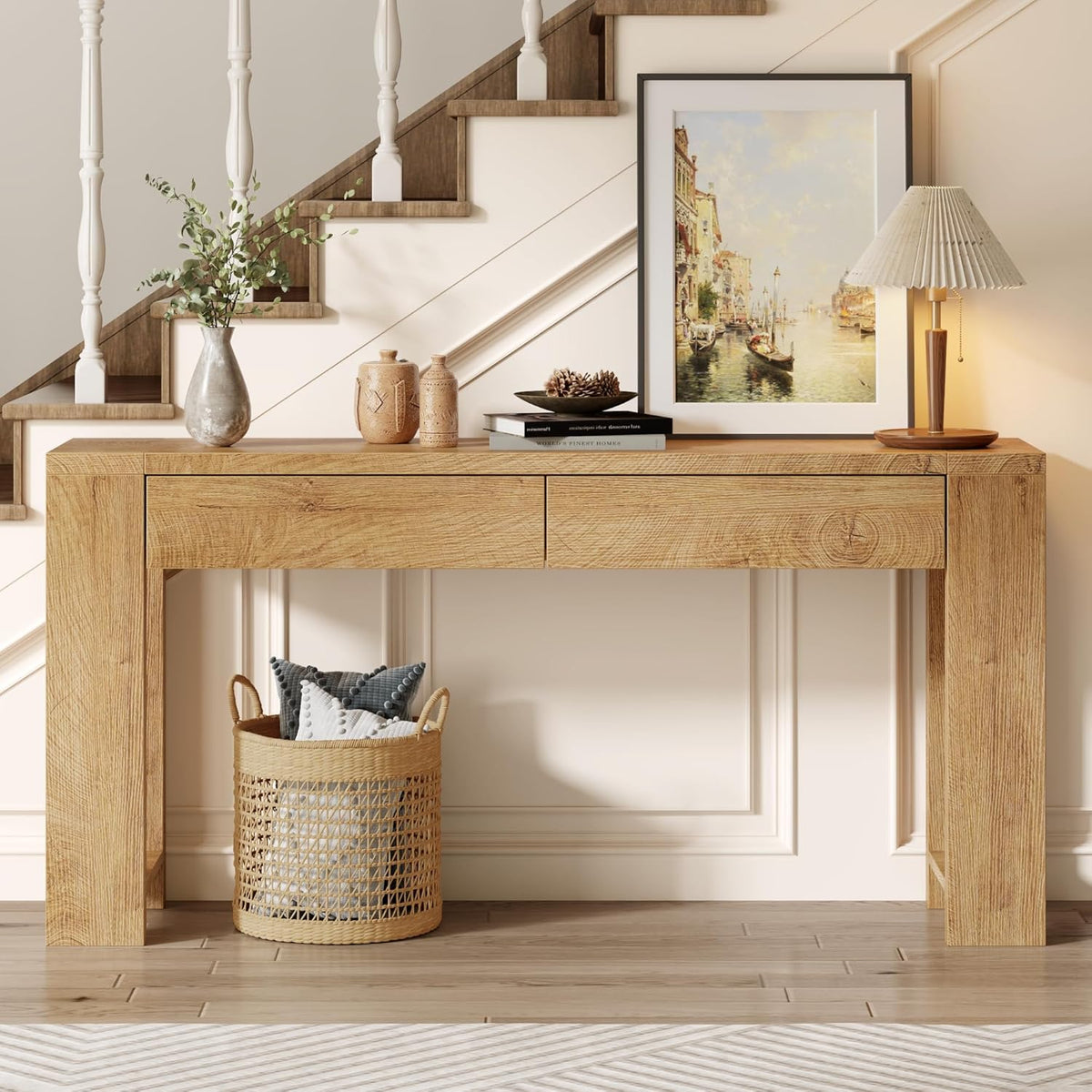 Furologee 60 inch Long Entryway Console Table with Drawers, Farmhouse Sofa Table Behind Couch, Entrance Accent Table for Hallway, Living Room, Foyer, Bedroom, Wooden Thick Tabletop (Natural)