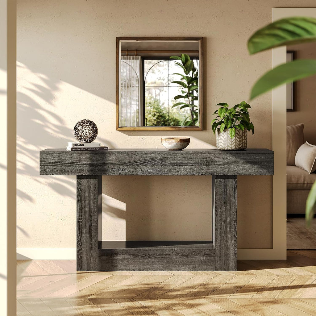 LITTLE TREE 63 Inches Long Console Table, 2-Tier Farmhouse Sofa Table Behind Couch, Large Narrow Entryway Table for Living Room, Wooden Hallway Foyer Table with Heavy Duty Base, Grey