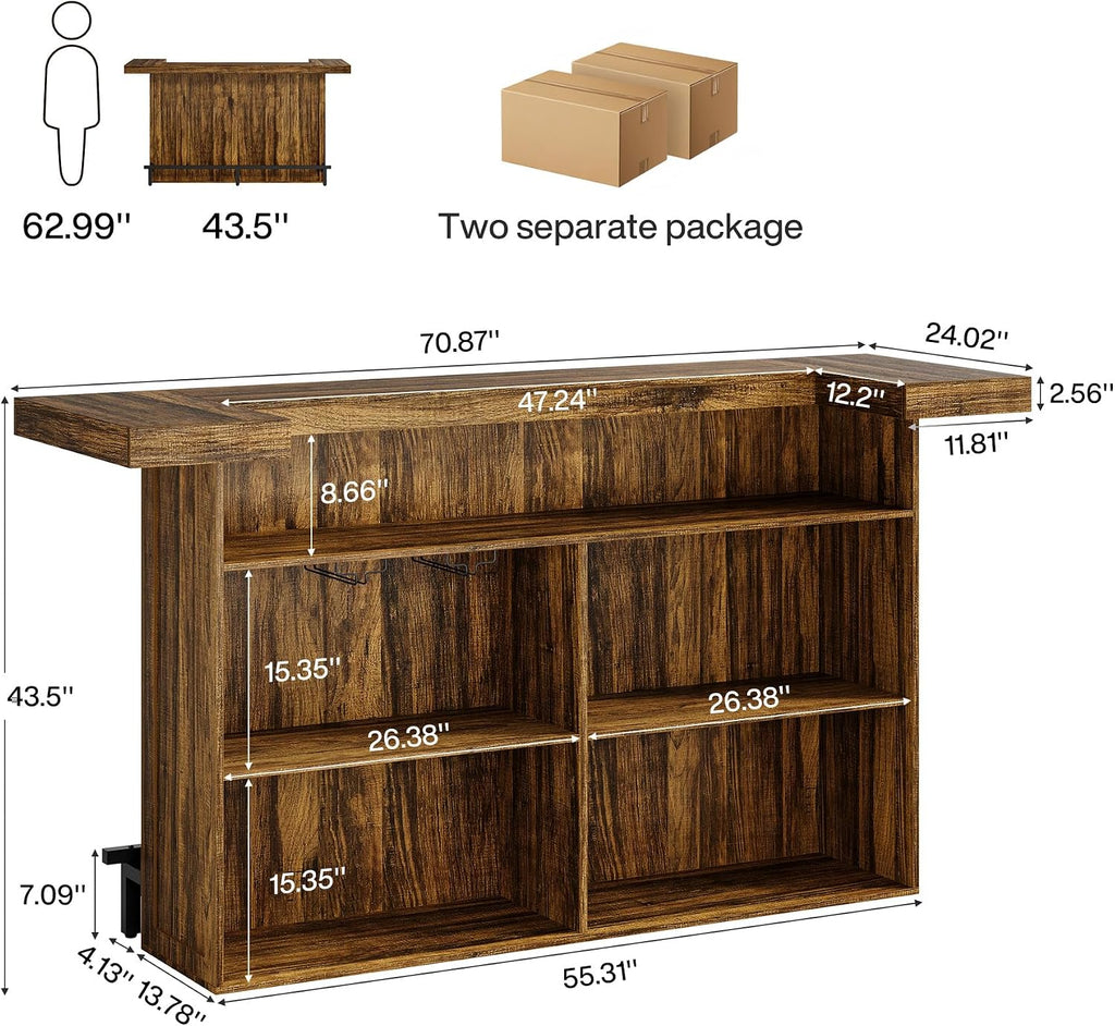 Tribesigns 4-Tier Bar Table, 70.9-Inch Large Home Bar Unit, Brown | with Storage Shelves, Wine Glass Holder and Footrest; for Kitchen, Indoor
