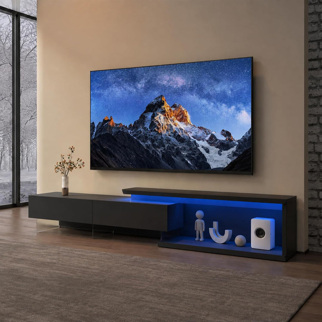 LED TV Stand for 65 75 85 Inch TV, Extendable Entertainment Center | 60 70 80 90 Inch TV Console Equipped with Light String, Two Pull-Down Door, TV Table for Living Room, Black