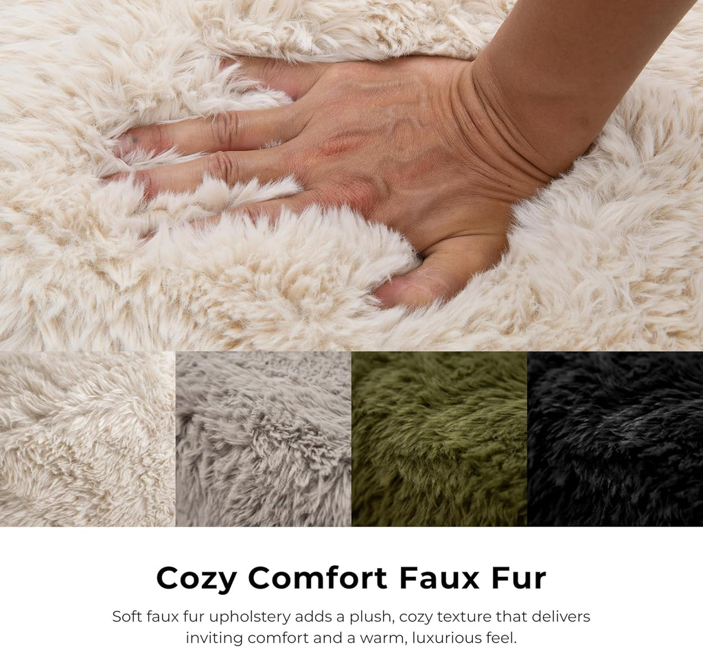 Furniture of America Havyn Modern Faux Fur 1-Seater Square Modular Foam Ottoman, Compressed Couch in a Box, No Assembly Required, for Living Room and Office, Olive Green