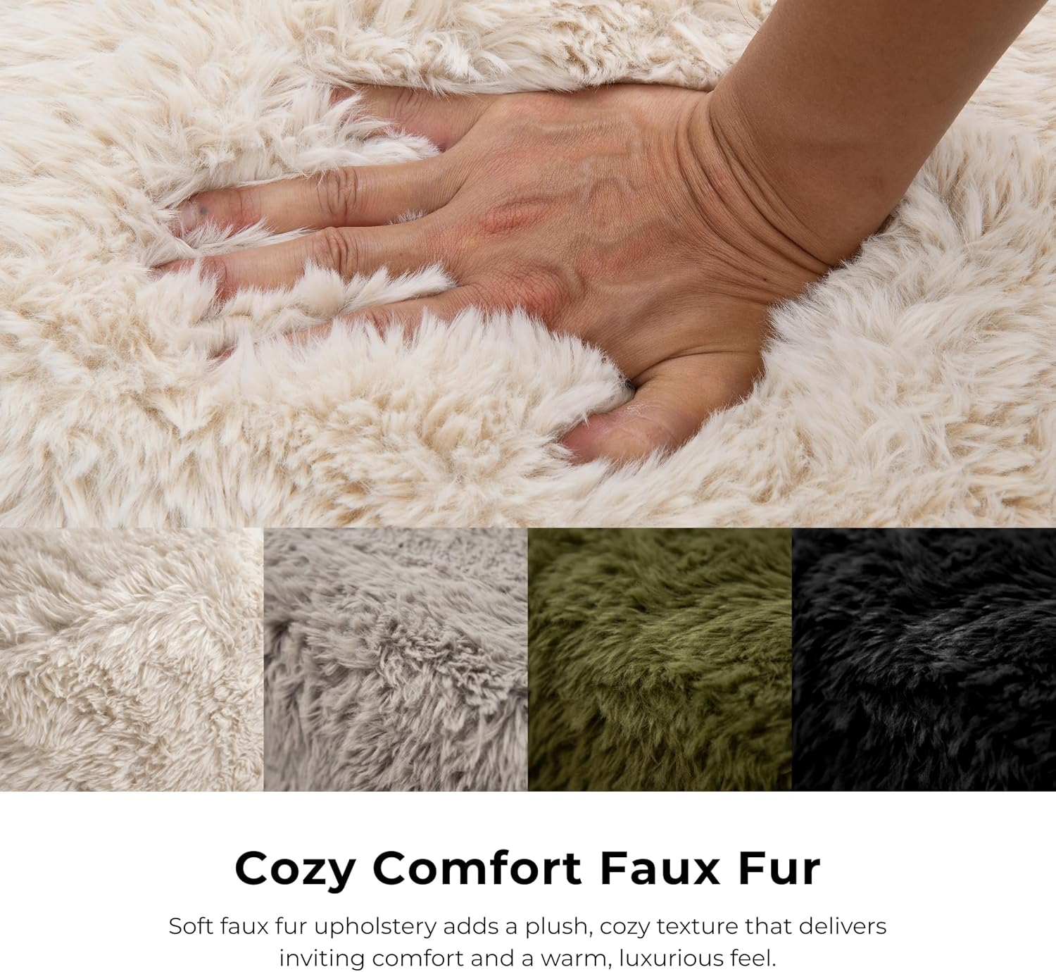 Furniture of America Havyn Modern Faux Fur 1-Seater Square Modular Foam Ottoman, Compressed Couch in a Box, No Assembly Required, for Living Room and Office, Olive Green