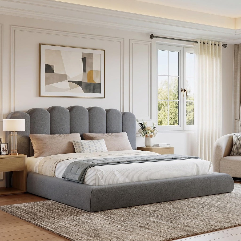 King Size Cloud Bed Frame with Headboard, Upholstered Platform Bed with Velvet Finish, Sturdy Metal Slat Support, Noise-Free, No Box Spring Needed, Grey