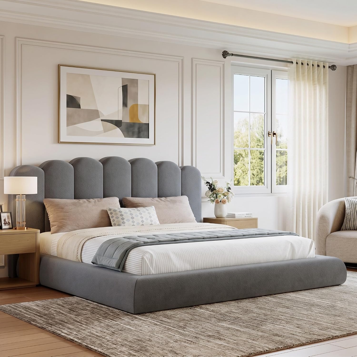 King Size Cloud Bed Frame with Headboard, Upholstered Platform Bed with Velvet Finish, Sturdy Metal Slat Support, Noise-Free, No Box Spring Needed, Grey