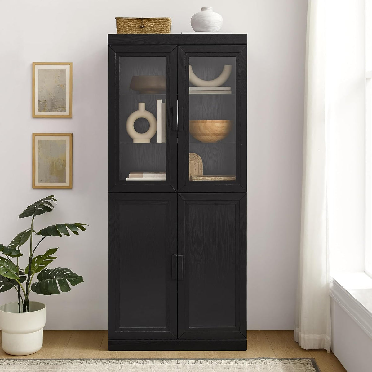 Crosley Furniture Essen Glass Door China Hutch Kitchen Pantry Storage Cabinet with Doors and Shelves, Black