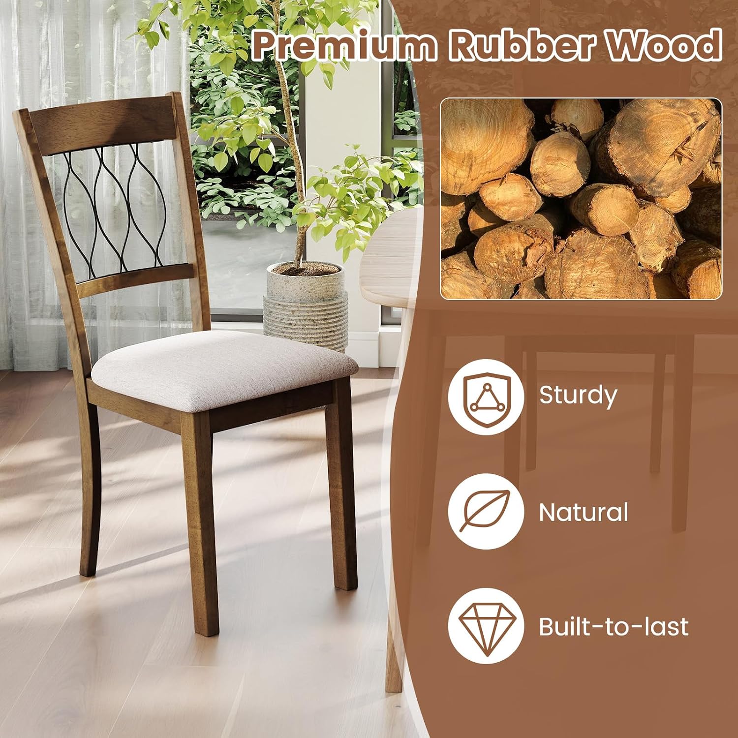 Giantex Dining Chairs Set of 4, Fabric Upholstered Armless Kitchen Chairs w/Hollowed Backrest, Padded Seat, Rubber Wood Frame, Farmhouse Side Chairs for Living Room Restaurant, Rustic Brown