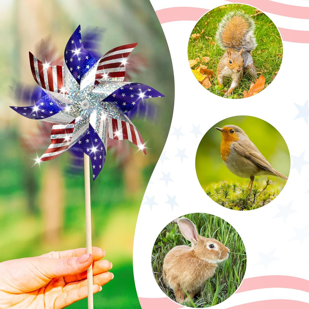 HOOSUN 10 Pcs Patriotic Pinwheels for Yard and Garden,Patriotic Decorations American Flag Pinwheels to Scare Birds Away,Red White and Blue Decorations Reflective Wind Spinners,Veterans Day Decorations