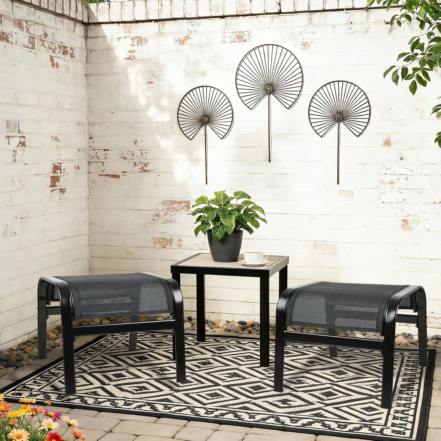 Patio Outdoor Ottoman 2 Set, Modern Footstools Textliene Metal Foot Rest Black
