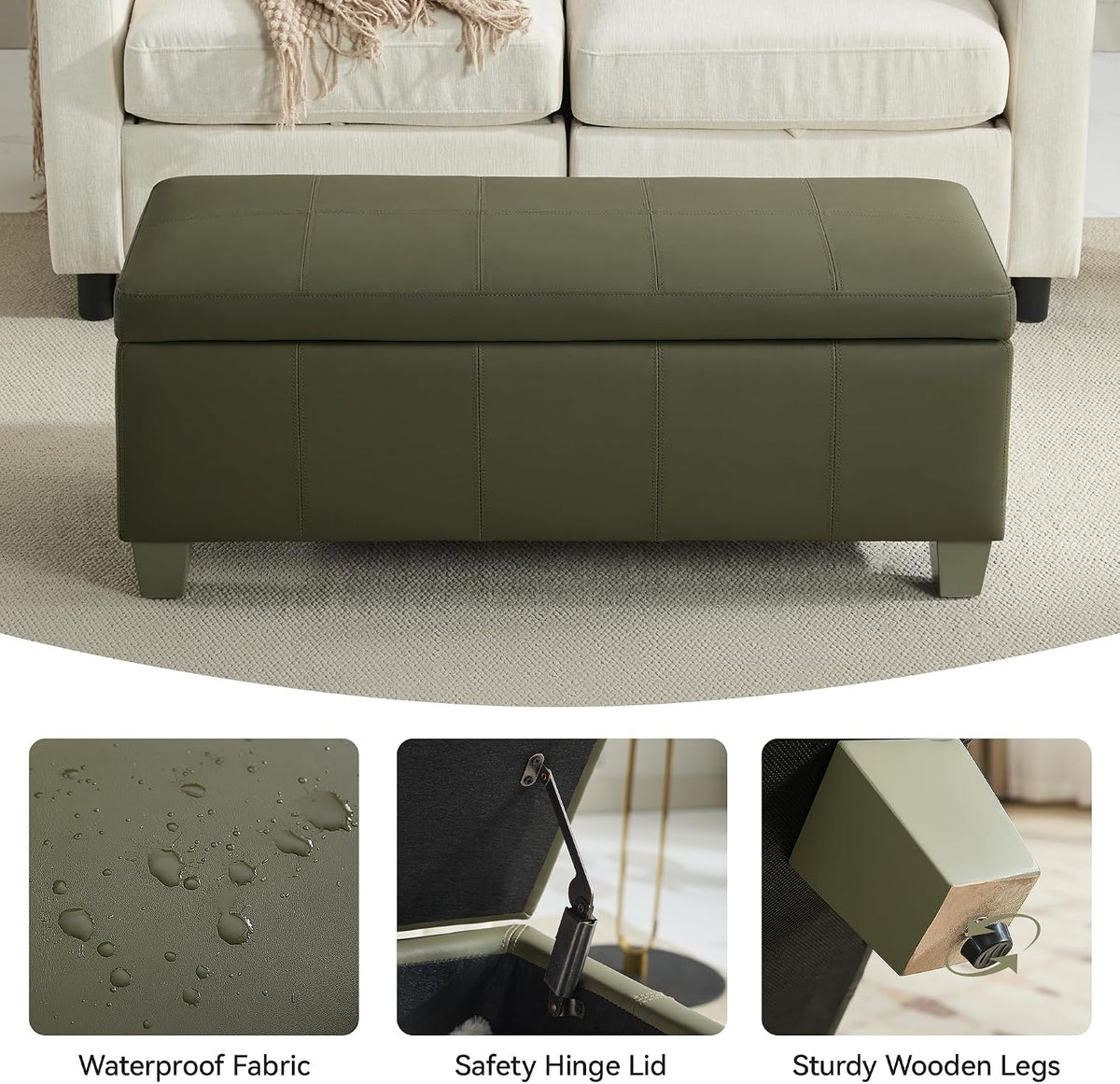 WUTUTUEE 41" Faux Leather Storage Ottoman, Stitch Tufted Rectangle Upholstered End of Bed Storage Bench, Entryway Large Couch Ottoman with Wooden Legs,Green