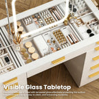 Pamapic Glass Top Vanity Desk with Foldable Mirror, 11 Drawers Makeup Vanity with LED Lighted Mirror, Power Outlet, 3 Lighting Modes Dressing Table with Golden Handles, White