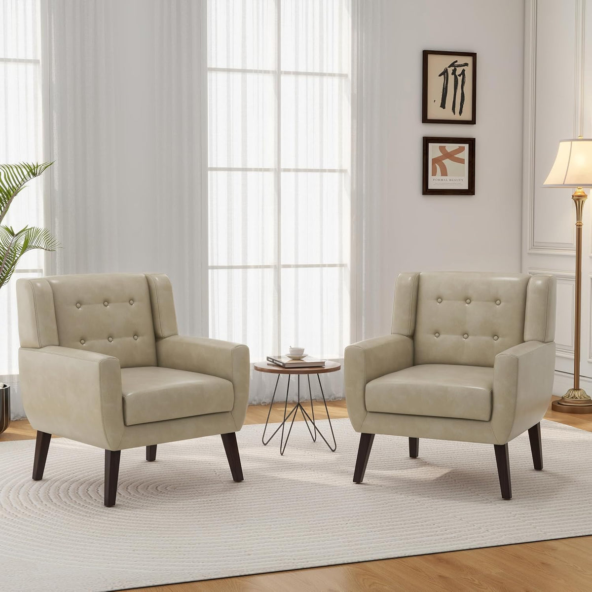 Accent Chair Set of 1, Mid-Century Modern PU Leather Chairs with Arms for Living Room, Comfy Upholstered Club Single Sofa Armchair for Bedroom Waiting Room with Solid Wood Frame, Leather Cream