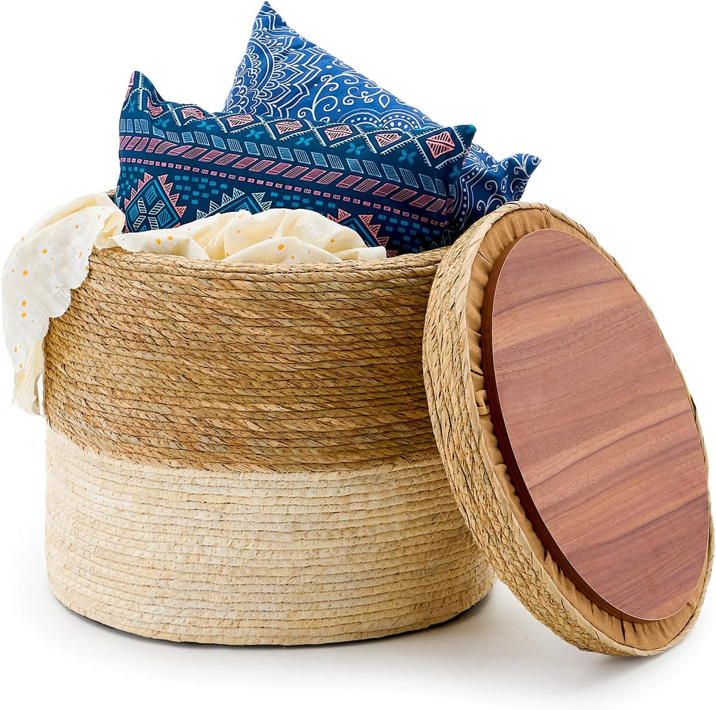 Wimarsbon Storage Pouf Ottoman, Hand Weaving Natural Straw Foot Stool, Bohemian Round Patio Ottomans, Rustic Lounge Pouffe, Outdoor Extra Seat for Garden