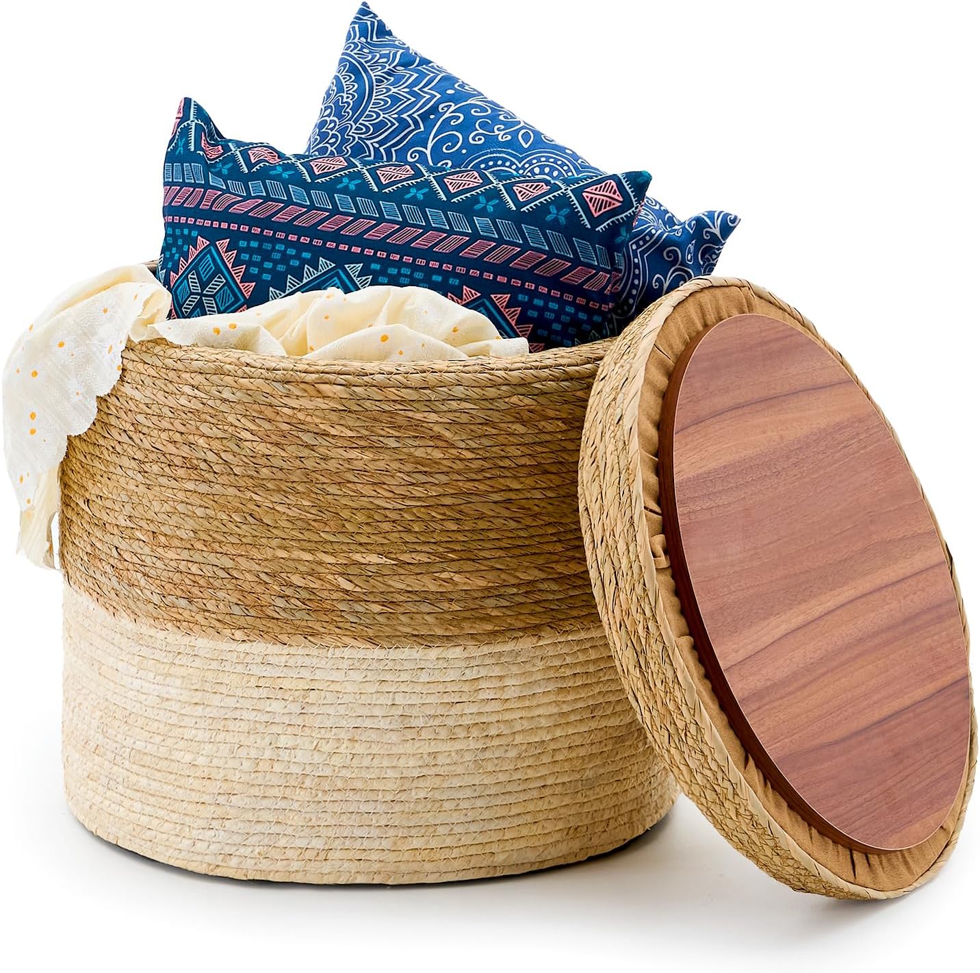 Wimarsbon Storage Pouf Ottoman, Hand Weaving Natural Straw Foot Stool, Bohemian Round Patio Ottomans, Rustic Lounge Pouffe, Outdoor Extra Seat for Garden