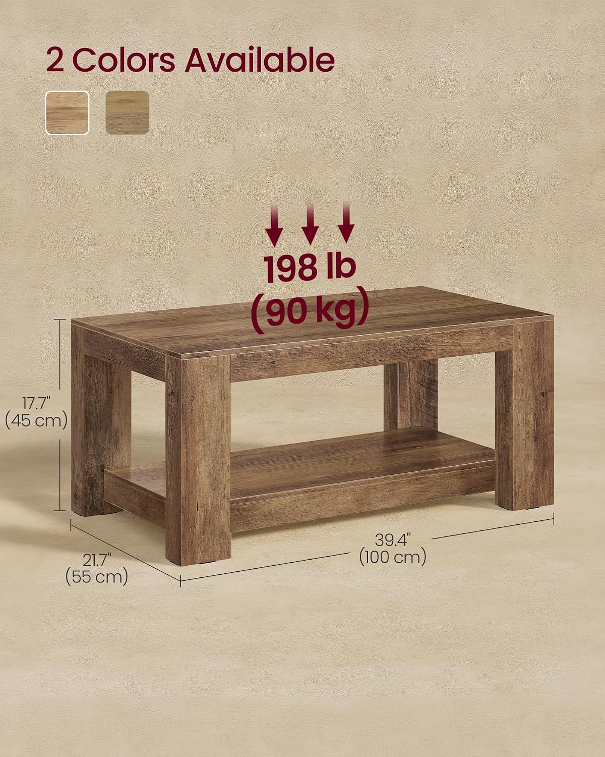 VASAGLE Coffee Table, 2-Tier Center Table with Rustic Charm and Clean Lines
