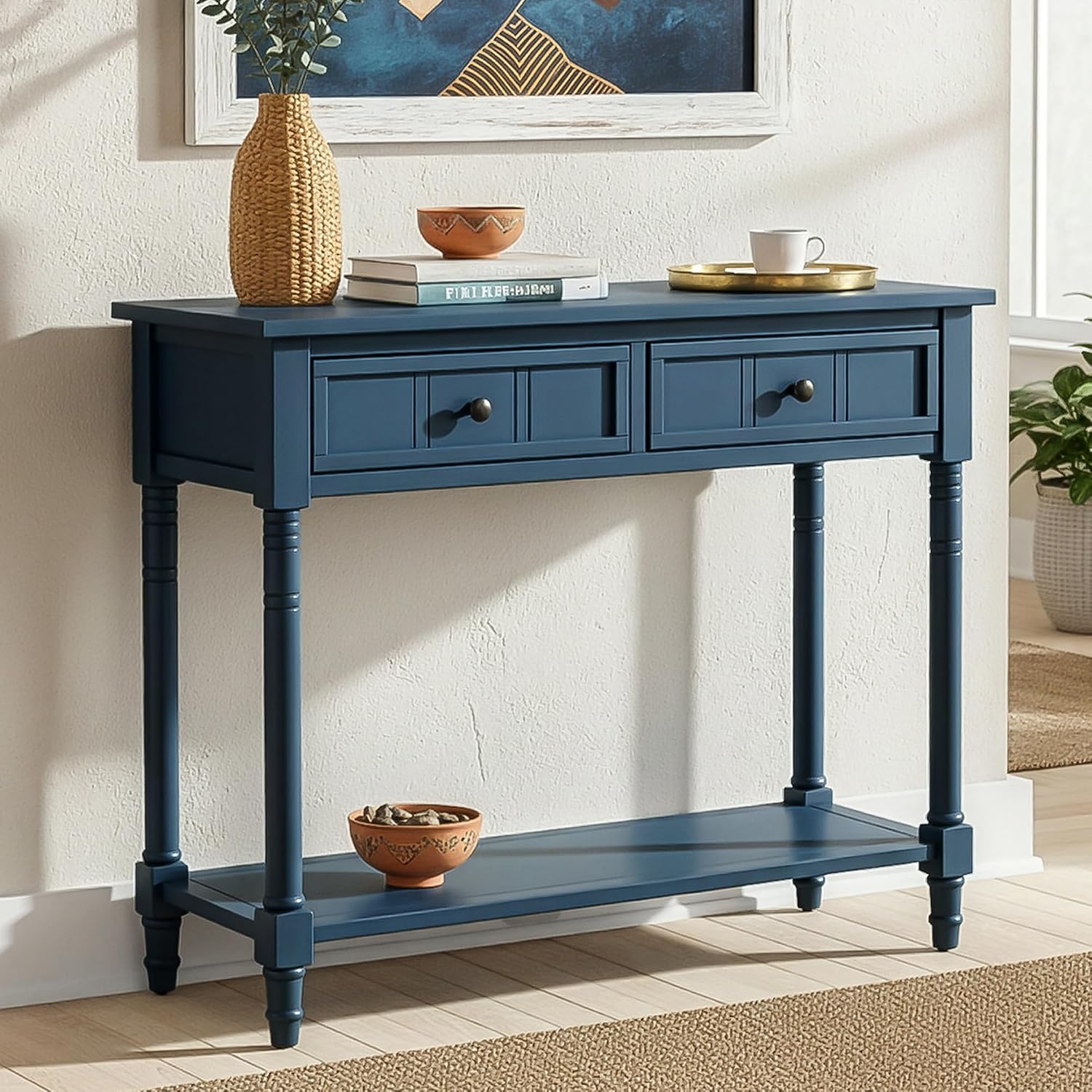 P PURLOVE Console Table Sideboard Wooden Sofa Table with 2 Drawers and Bottom Shelf (Dark Navy)