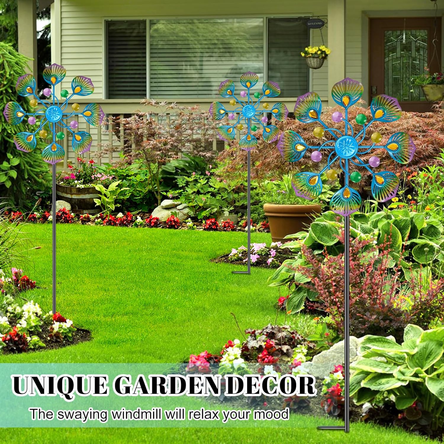 Metal Wind Spinner Outdoor, Kinetic Pinwheel Wind Sculpture with Stake, Small Garden Windmill for Patio Yard Lawn Art Decor (1pcs-Blue Green)