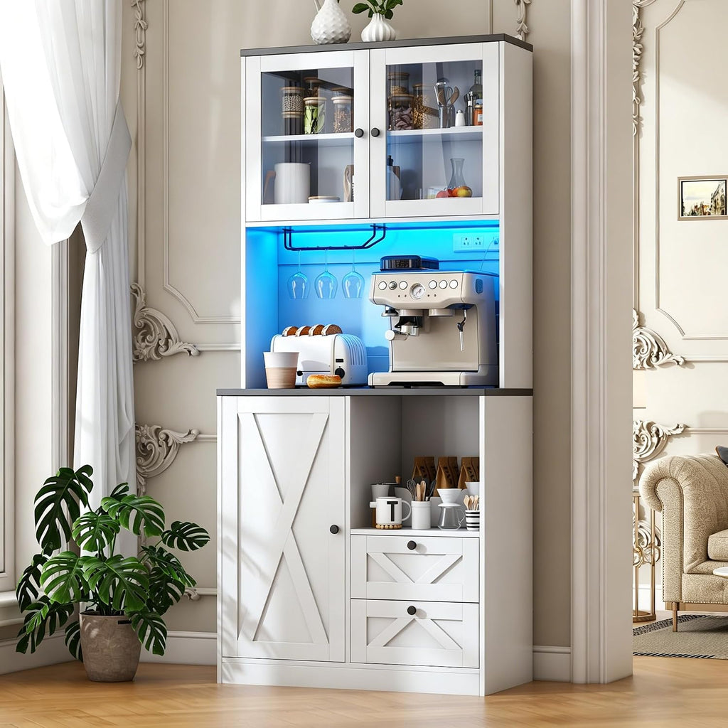 71" Tall Coffee Bar Cabinet with Storage Hutch, Farmhouse Kitchen Pantry Cabinet with LED Lights Microwave Stand and Glass Holder for Home Dining Room Kitchen,White