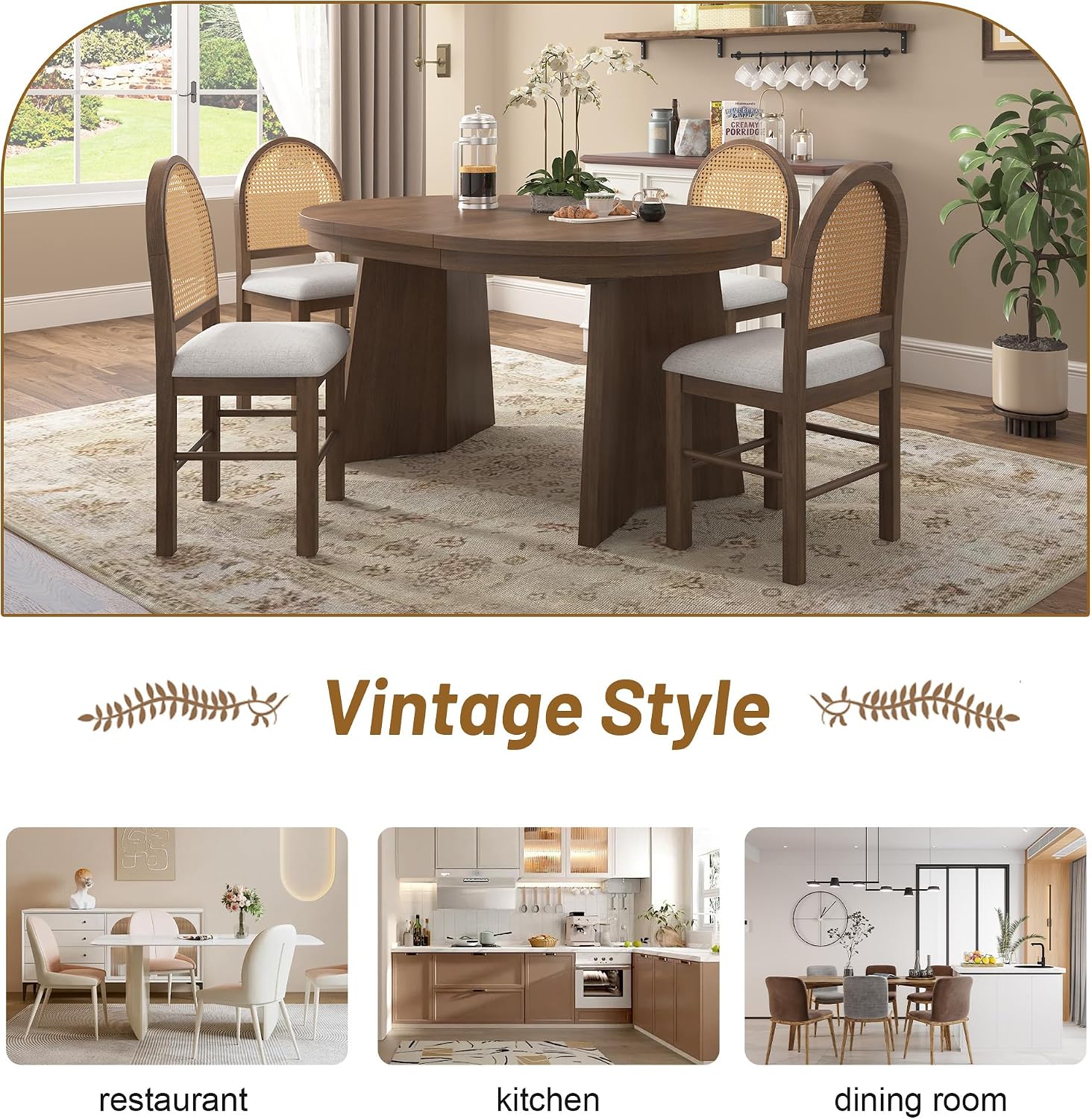 Merax 5-Piece Round Dining Table Set for 4, Extendable Kitchen Table Set with 4 Upholstered Chairs for Dining Room, Kitchen, Small Space, Beige+Walnut