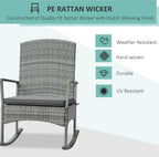 Outsunny 3 Piece Patio Rocking Chair Set, 2 PE Wicker Rocking Chairs, Cushioned, 1 Two-Tier Wood Slat Coffee Table, Rattan Front Porch Furniture, Gray
