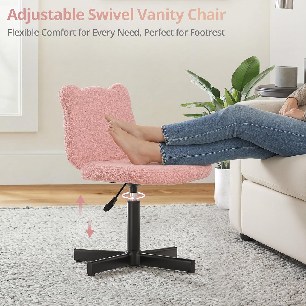LUE BONA Adjustable Vanity Stool Chair with Girly Bear Ear Wide Back, 360° Swivel Vanity Stool for Makeup Room, Upholstered Teddy Velvet Ottoman for Teen Girls, 350lbs, Pink