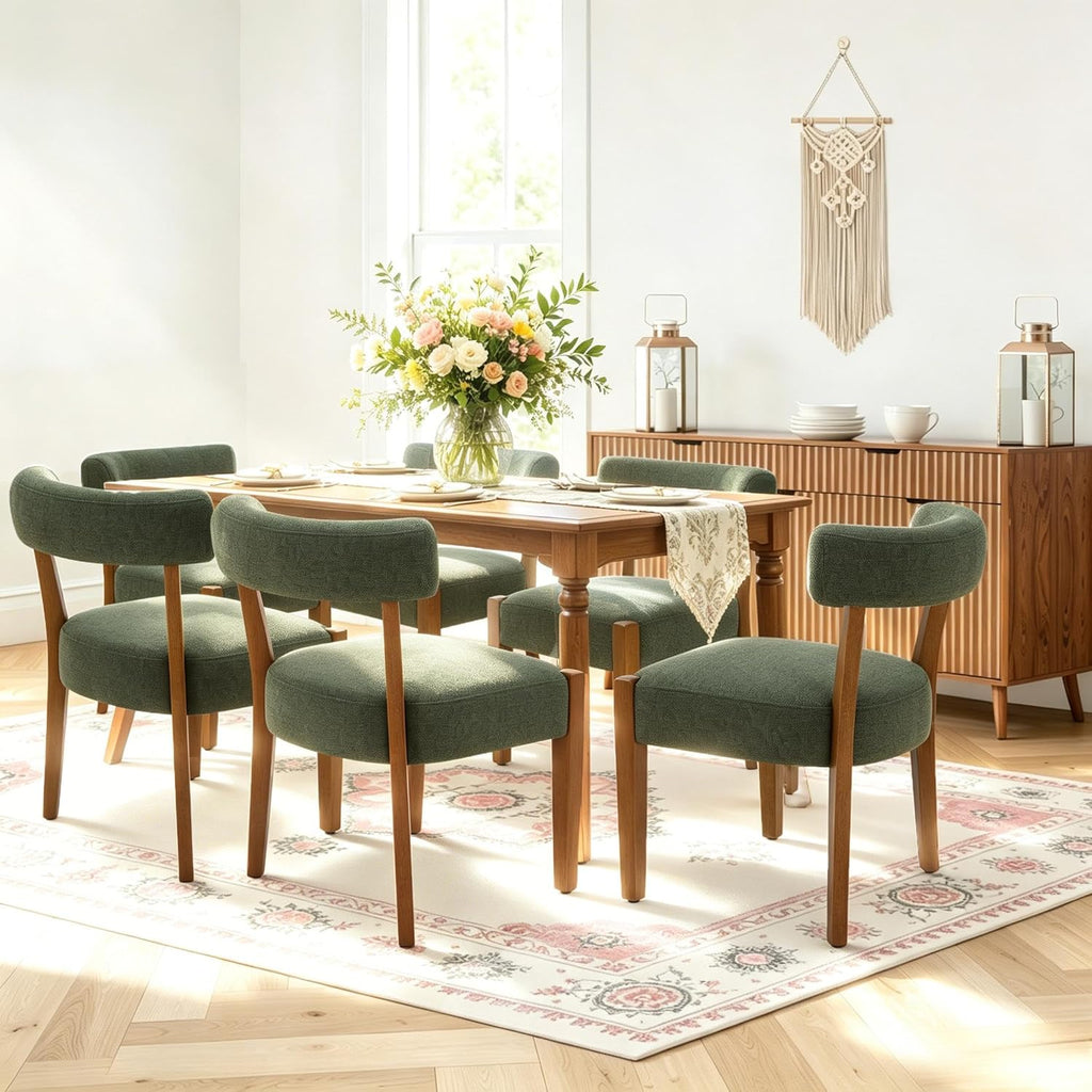RNKSFX Upholstered Green Dining Chairs Set of 6, Walnut Wooden Kitchen & Dining Room Chairs, Mid Century Modern Fabric Farmhouse Dining Chairs Oversized Sturdy Rounded Chairs Curved Back