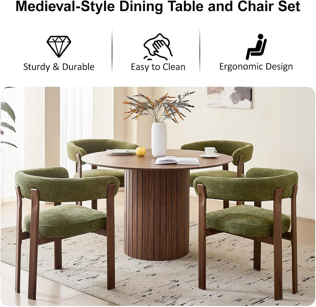 47" Round Dining Table Set for 4, Walnut Wood Grain Tabletop with 4 Green Chenille Upholstered Armchairs, Thick Cushions and Sturdy Metal Frames