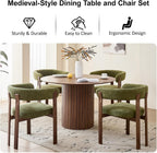 47" Round Dining Table Set for 4, Walnut Wood Grain Tabletop with 4 Green Chenille Upholstered Armchairs, Thick Cushions and Sturdy Metal Frames