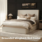 RECCI Queen Bed Frame with 53'' Extra Tall Wingback Headboard, Low Profile Grounded Upholstered Platform Bed Frame, Squeak-Free, Easy Assembly, No Box Spring Needed, Beige