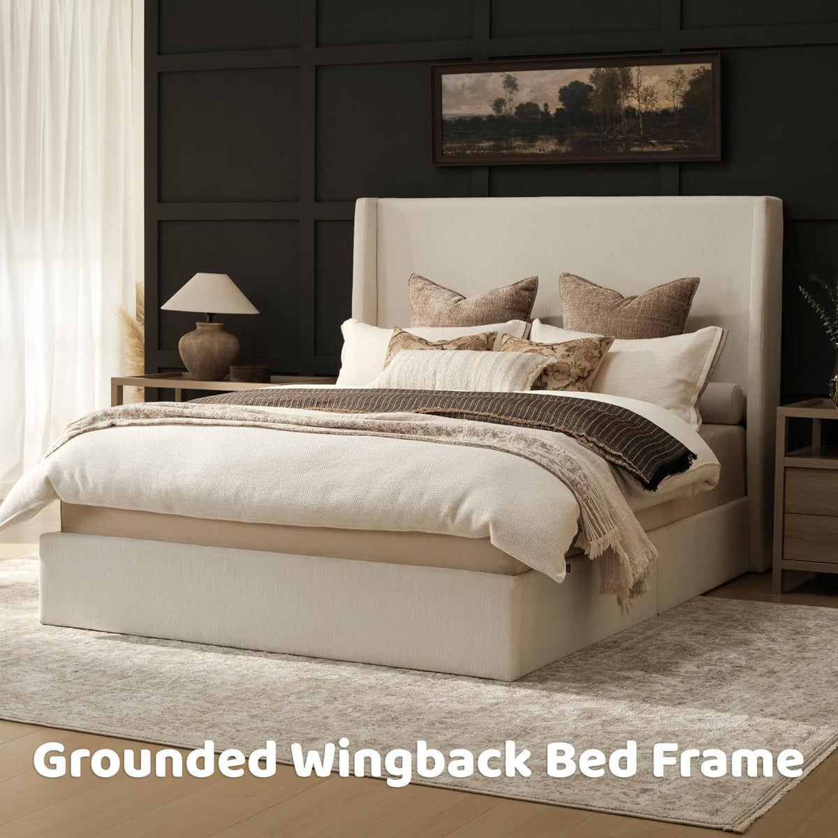 RECCI Queen Bed Frame with 53'' Extra Tall Wingback Headboard, Low Profile Grounded Upholstered Platform Bed Frame, Squeak-Free, Easy Assembly, No Box Spring Needed, Beige