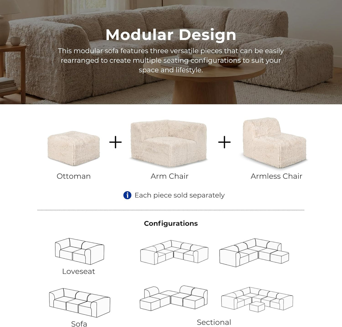 Furniture of America Havyn Modern Faux Fur 1-Seater Square Modular Foam Ottoman, Compressed Couch in a Box, No Assembly Required, for Living Room and Office, Olive Green