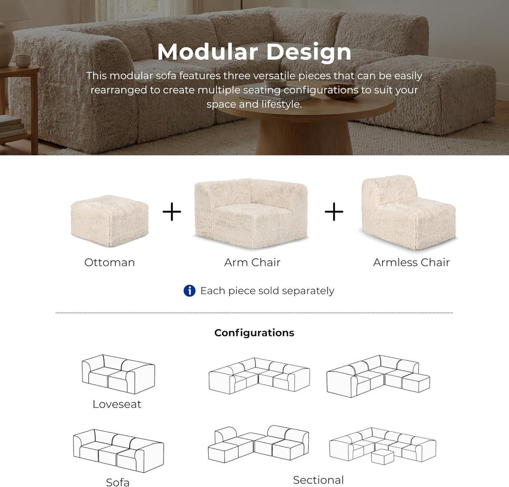 Furniture of America Havyn Modern Faux Fur 1-Seater Square Modular Foam Ottoman, Compressed Couch in a Box, No Assembly Required, for Living Room and Office, Sand