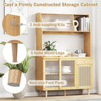 LOKO 69” Tall Bamboo Pantry Cabinet with Hutch, Kitchen Buffet Sideboard with Tempered Glass & PE Rattan Doors, Microwave Shelf, Glass Holder, Floor Cupboard Wine Bar Cabinet, Natural