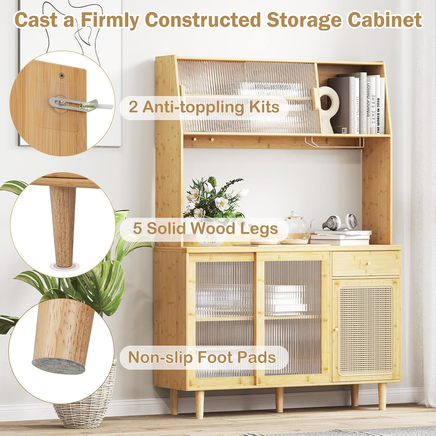 LOKO 69” Tall Bamboo Pantry Cabinet with Hutch, Kitchen Buffet Sideboard with Tempered Glass & PE Rattan Doors, Microwave Shelf, Glass Holder, Floor Cupboard Wine Bar Cabinet, Natural