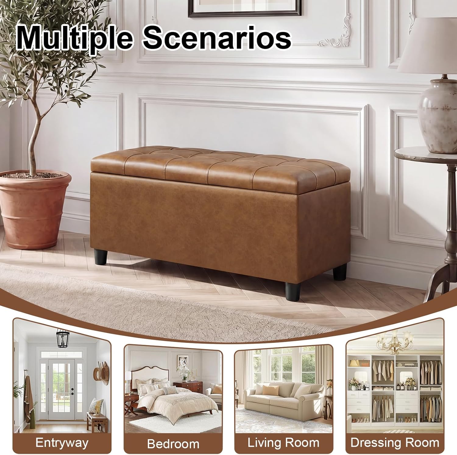 Asense Storage Ottoman Bench,Faux Leather Upholstered Ottoman with Storage,End of Bed Bench with Safety Hinge,for Entryway,Bedroom,Living Room