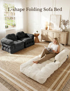 Folding Sofa Bed, L-Shaped Couch Back Support and Arm Pillow Futon | Convertible Sofa Bed for Living Room/Guest Use/Home Office, Foldable Couch for Adults, Beige